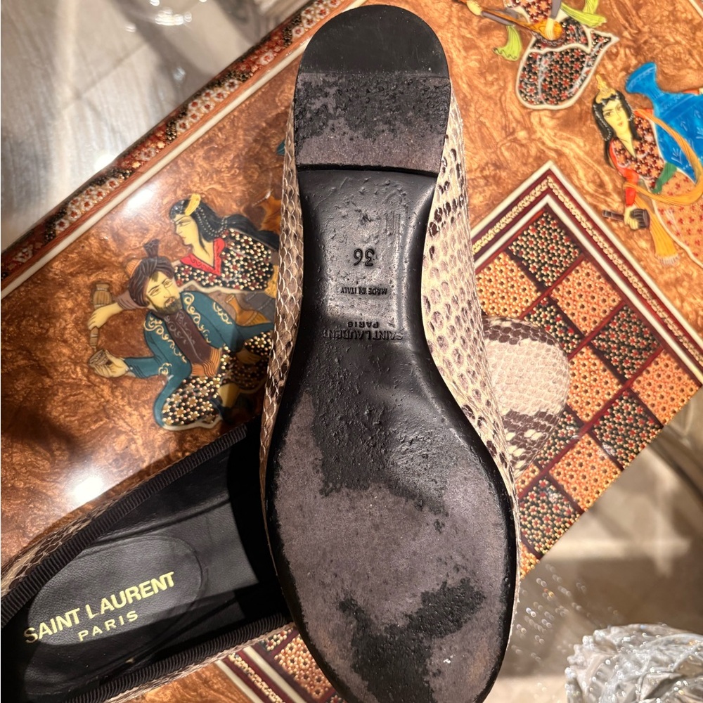 Saint Laurent Brown & Beige Snake-Print Leather Ballet Flats - Picture 4 of 6